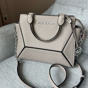 Michael Kors Gray Prism Satchel with Signature MK Logo and Double Handles